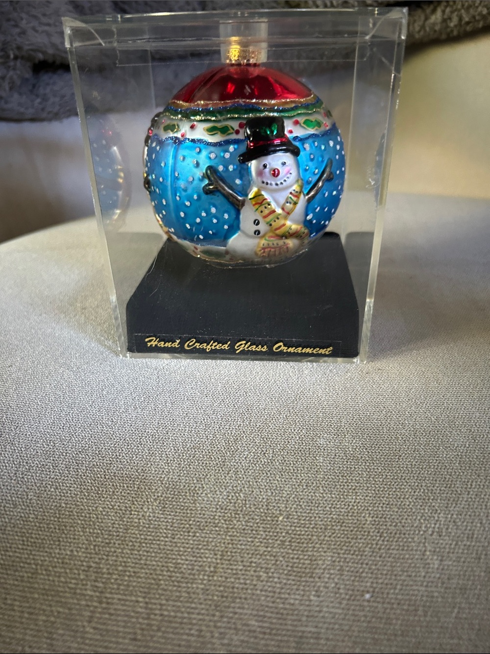 Hand Crafted Blue and Red Snowman Glass Ornament